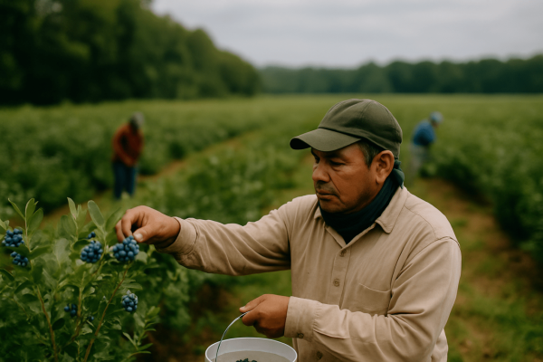Farmworker picking blueberries Farmworker picking blueberries