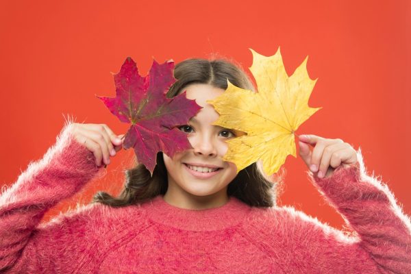 Girl in red sweater holding fall leaves