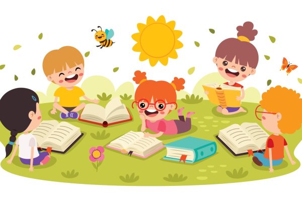 Children reading in the sunshine Children reading in the sunshine